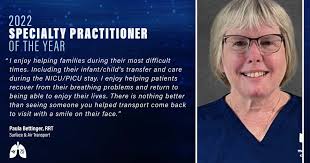 Paula Bettinger, registered respiratory therapist, was recently named 2022  Specialty Practitioner of the Year. Eight individuals across the U.S. were  named recipients for the award given by the American Association of  Respiratory