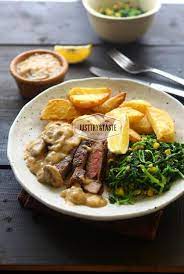 Resep Steak Saus Jamur Dengan Tumis Bayam Dan Kentang Goreng Jtt Resep Steak Resep Makanan Memasak