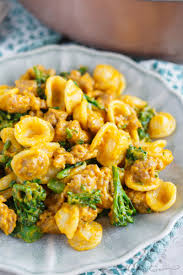 Pumpkin Mascarpone Orecchiette With Spicy Sausage And Broccolini From Table For Two Blog Broccolini Recipe Pumpkin Sausage Pasta Spicy Sausage