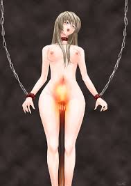 highres, tagme, 1girl, bdsm, blue eyes, bondage, bound, branding, breasts,  censored, chain, collar, cuffs, deep penetration, female focus, grey hair,  guro, long hair, mosaic censoring, multiple insertions, nipples, nude,  object insertion, open