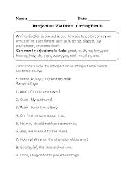 Interjections Worksheet Circling Interjections Conjunctions Worksheet Worksheets