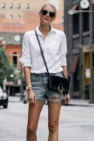Blonde Woman Wearing Banana Republic White Button Down Shirt Topshop Ripped Denim Cutoff Shorts Fashion Jackson Ripped Denim Shorts Outfit Denim Shorts Outfit