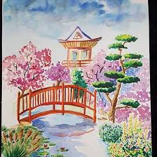 Jardin Japonais L Une De Mes Premieres Aquarelles Aider D Un Livre Japon Jardin Paysage Aquarel Jardin Japonais Dessin Jardin Dessin De Paysage Japonais