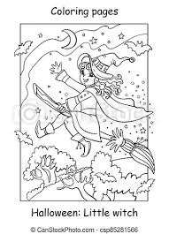 Witch brooms and a cute halloween cat coloring printable. Coloring Halloween Flying Little Witch On Broom Vector Coloring Pages Little Witch Flying On Broom Halloween Concept Canstock