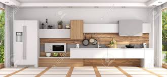 This is white wood kitchens_cabinetry_v3 by digital video & consulting, inc. Front View Of Modern White And Wooden Kitchen 3d Rendering Stock Photo Picture And Royalty Free Image Image 129167327