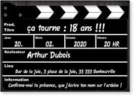 ] bonjour, je fete mes 18 ans a la fin du moi et il faut que j'envoi des cartes d'invitations a la famille et aux amis pour l'occasion. Clap Regie Carte D Invitation D Anniversaire 18 Ans A Personnaliser Bonnyprints Fr Invitation Anniversaire Carte Invitation Invitation Anniversaire 18ans