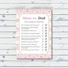 Parents.com parents may receive compensation when you click through and purchase from links contained on this website. Instant Download Printable Pink And Gold Themed Baby Shower Mom Vs Dad Trivia Quiz This Listing Is F Baby Shower Dad Baby Shower Quiz Baby Shower Printables