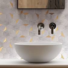 Gold, blue and white, these are the colors that make up this contemporary shower bathroom. Tilegen Natural Bianco 3 X 3 Hexagon Metal And Marble Mosaic Tile In Gold White Wall Tile 10 Sheets 8 5sqft Overstock 32168528