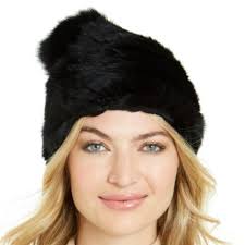 Marcus Adler Genuine Rabbit Fur Pom Hat Black NWT