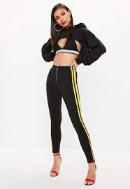 Black And Yellow Leggings Missguided Black Zip Front Double Stripe Leggings Striped Leggings Pants For Women Womens Tights