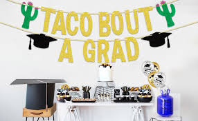 Once that was decided, a summer fiesta graduation party took off and let me tell you, it was so fun! Taco Bout A Grad Gold Glitter Banner Cactus Graduation Banner For Fiesta Co Ed Graduation Taco Graduation Theme Party Decorations Supplies