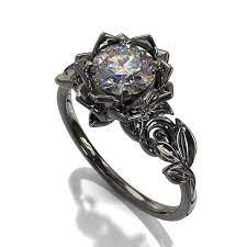 Black Gold Ring Black Engagement Ring Leaf Engagement Ring Unique Leaf Ring Lotus Ring White Sapphire Engagement Ring Black Gold Ring Black Engagement Ring White Sapphire Engagement Ring