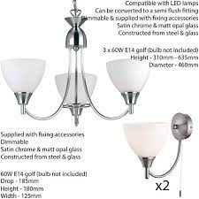 Flush Hanging 3 Bulb Ceiling 2x Wall Light Pack Satin Chrome Frosted Glass Shade Matching Indoor Lamp Fittings Mode Indoor Lamp Bedroom Lighting Bulb