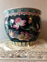 Porcelain fish bowl planter, 10 diameter from china, has a traditional japanese satsuma style pattern. Art Collectibles Fine Art Ceramics A Vintage Japanese Koi Fish Bowl Planter