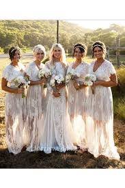 A Line V Neck Short Sleeve Sweep Train Zipper Lace Bridesmaid Dress With Images Bridesmaid Dresses Boho Ivory Bridesmaid Dresses Lace Bridesmaids