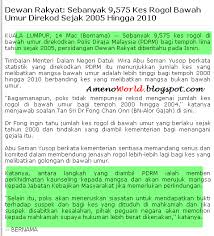 Jenayah rogol diklasifikasikan atas kesalahan jenayah menurut seksyen 376 kanun keseksaan dan sabit kesalahan boleh dihukum penjara tidak lebih 20 tahun dan hukuman sebat. 2005 2010 9 575 Kes Rogol Bawah Umur Ameno World