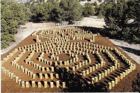 Unusual A Double Octagonal Spiral Twin Labyrinth Constructed Of Short Wooden Posts Into Soft Mulch