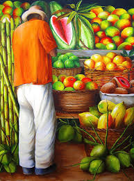 Red, blue and yellow, below are their locations. Manuel And His Fruits Painting By Dominica Alcantara