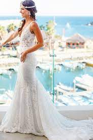 Mermaid Style Lace V Neck Court Train Beach Wedding Dress Wisebridal Com Wedding Dresses Uk Lace Mermaid Wedding Dress Boho Bridal Dress