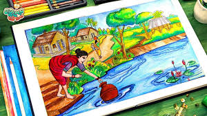 Village Scenery Drawing Village Women Collect Water From Pond Drawin Village Drawing Art Drawings For Kids Scenery Drawing For Kids