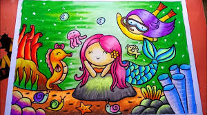 Belajar mewarnai putri duyung download gambar mewarnai gratis. How To Draw Mermaid Easy Cara Menggambar Putri Duyung Mewarnai Gradasi Crayon Pemandangan Laut Youtube