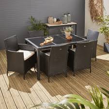 Vongrasig 6 pieces folding patio dining set, all weather small metal outdoor table and chair set, garden patio furniture set w/umbrella, glass table & 4 folding chairs for lawn, deck, backyard, black. Tavola 6 Garden Table And 6 Chairs In Rattan Black