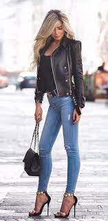 Winter Outfits Black Leather Zip Up Jacket Blue Denim Jeans And Black Open Toe Stiletto Pumps Outfit Classy Winter Outfits Fashion Clothes For Women