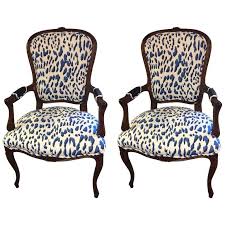 Beautiful leopard print high heel chair would be ideal for girls or ladies bedroom for use in lounge also its very comfy and good condition reason for sale. Pair Of Schnazzy Armchairs Upholstered In Schumacher Blue And White Animal Print Upholstered Chairs Armchair Walnut Armchair