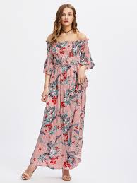 Shop Smocked Bodice Trumpet Sleeve Tropical Bardot Dress Online Shein Offers Smocked Bodice Trumpe Boho Style Long Dresses White Chiffon Maxi Dress Maxi Dress