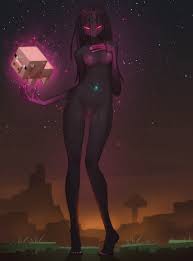 justrube, enderman, pig (minecraft), minecraft, commentary, english  commentary, highres, 1girl, black hair, black skin, breasts, colored skin,  dawn, full body, glowing, glowing eyes, grass, hand on own chest, long  arms, long hair,