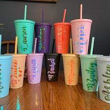 Personalized 16oz Double Wall Plastic Tumblers W Straw Gift Etsy Plastic Tumblers Vinyl Tumblers Tumbler Cups Diy