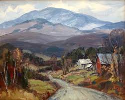 Thomas R Curtin Mount Mansfield In Autumn With Farm House And Red Barn Oil Board 16 X20 Landscape Paintings Landscape Painting