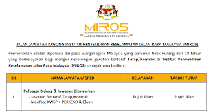 Kemalangan jalan raya di malaysia menunjukkan peningkatan ketara setiap tahun iaitu dari 250,429 kes pada tahun 2000 kepada 414,421 seterusnya diharapkan penyelidikan ini dapat menyedarkan orang ramai supaya berhatihati semasa di jalan raya dan menjaga keselamatan orang lain. Permohonan Jawatan Kosong Di Institut Penyelidikan Keselamatan Jalan Raya Malaysia Miros