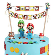 Mario brothers 23 piece birthday cake topper set featuring mario castle, bomb, mario coins, 6 mario figures including mario, luigi, princess peach, toad, yoshi, donkey kong, and 12 mario 1 decorative buttons. Lingteer Super Mario Bros Happy Birthday Cake Bunting Banner Topper Perfect For Kids Birthday Party Decorations Walmart Com Walmart Com