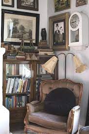 cozy reading nook velvet chair and vintage wood bookcase home home decor interior
