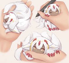 167047 - safe, artist:meemofumofu, faputa (made in abyss), made in abyss,  2022, brown skin, curled up, disembodied hand, female, fur, hair, narehate,  nibbling, sleeping, smol, solo, solo female, stylus, white body, white