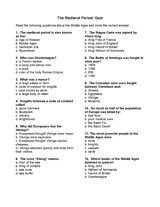 Discover what makes up a typical course of study for 6th grade, including skills needed for science, social studies, language arts, and math. Medieval Period Quiz Printable 5th 8th Grade Teachervision