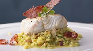 Loach Fillet With Saffron Risotto Chorizo And Almonds Recipe Risotto Food Food Tasting