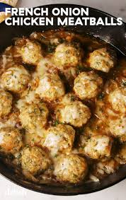 These Chicken Meatballs Have Everything You Love About French Onion Soup Recipe Full Meal Recipes Chicken Meatball Recipes Chicken Recipes