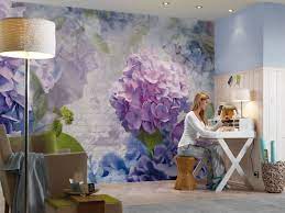 praxis grote blauw paarse bloemen op de muur fotobehang muurschildering behang beschilderde muur