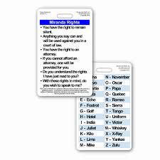 miranda rights and phonetic alphabet police vertical reference badge card