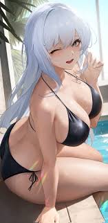 nine (kanine41), original, absurdres, highres, 1girl, bikini, black bikini,  black eyes, blush, breasts, butterfly tattoo, hair between eyes, large  breasts, leaf, long hair, one eye closed, open mouth, pool, poolside,  sidelocks, solo,