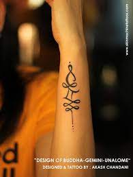 Buddha Gemini Unalome Tattoo Designed By Akash Chandani Skin Machine Tattoo Studio Skinmachinetattoo E Unalome Tattoo Gemini Tattoo Designs Gemini Tattoo