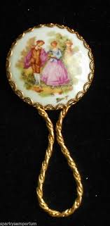 Vintage Limoges Porcelain Purse Hand Mirror Brass Framing Fragonard Painting Hand Mirror Fragonard Paintings Vintage