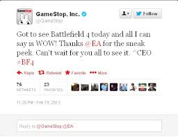 Find the latest gamestop corporation (gme) stock quote, history, news and other vital information to help you with your stock trading and investing. Gamestop S Ceo Got To See Battlefield 4 Ea States That The Game Is Coming