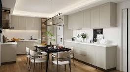 Gabinetes de cocina de melamina color crema en forma de U ...