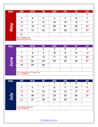 May to July 2026 Calendar Printable | Three Month Calendar
