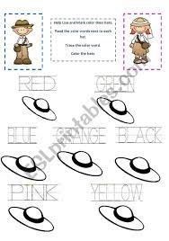 Help Lisa And Mark Color Their Hats Read The Colour Words Next To Each Hat Trace The Colour Word Vocabulary Worksheets Phonics Worksheets Vocabulary Skills