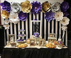 33 items in this article 5 items on sale! Dessert Table With Paper Flowers Backdrop For Purple Themed 60th Birthday 60th Birthday Decorations 60th Birthday Party Decorations 60th Birthday Ideas For Mom