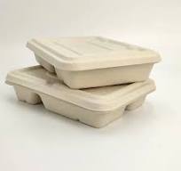 Compostable Bagasse 3 - Compartment Meal Tray - Bagasse Sugarcane Pulp Tray  with Lid